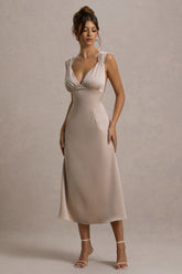 Beck | Champagne Satin Plunge-Neck Cross-Back Midi Dress