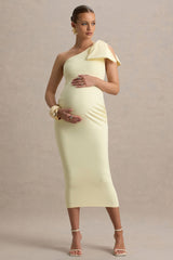 Adorn | Lemon Asymmetric Maternity Midi Dress With Shoulder Bow Detail