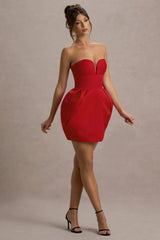 Zuki | Red Satin Sweetheart Mini Dress With Tulip Skirt