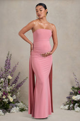 Christina | Blush Pink Bandeau Sleeveless Maternity Maxi Dress With Cape
