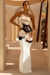 Ceremony | Cream And Black Floral Print Bandeau Maxi Dress