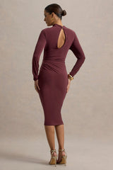 Pandora | Burgundy Long-Sleeve Midi Dress With Cut-Out