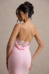Addison | Pink Cowl-Neck Open-Back Midi Dress With Lace