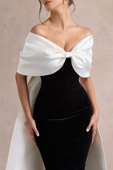 Wanting More | Black & White Satin Cape Maxi Dress With Oversized Bow