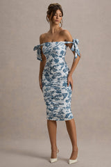 Citrus | Blue Porcelain Print Bardot Bodycon Midi Dress With Bow Sleeves