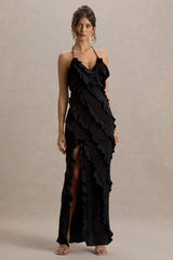 Full On | Black V-Neck Ruffle Maxi Dress