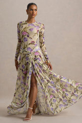 Koami | Yellow Floral Sheer Mesh Long-Sleeve Ruched Maxi Dress With High Split