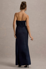 Edel | Navy Satin Strapless Maxi Dress With Drape