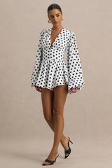 Laurel | White Polka Dot V-Neck Balloon Sleeve Playsuit