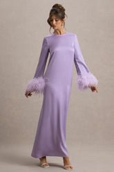 Adella | Lilac Satin Feather-Trim Maxi Dress