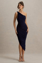 Dorit | Navy One Shoulder Asymmetric Ruched Midi Dress