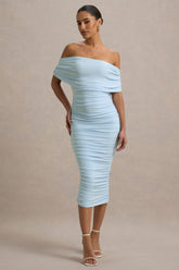 Rayleigh | Powder Blue Bardot Ruched Midi Dress
