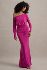 Deanna | Hot Pink Asymmetric Long-Sleeve Ruched Maxi Dress