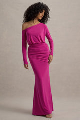 Deanna | Hot Pink Asymmetric Long-Sleeve Ruched Maxi Dress