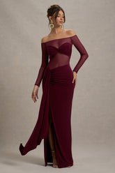 Cover Star | Burgundy Mesh Bardot Long-Sleeve Draped Maxi Dress