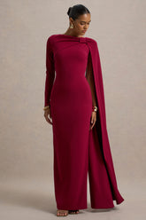 Frances | Burgundy High-Neck Maxi Dress With Cape Detail