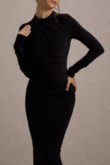 Hespera | Black High-Neck Long-Sleeve Gathered Maxi Dress