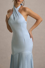 Sansa | Powder Blue Satin Cross Halter-Neck Plisse Maxi Dress