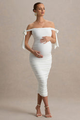 Chandelier | White Bardot Maternity Midi Dress With Bow Details