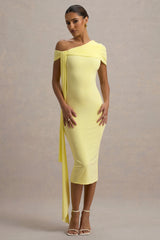 Vallea | Lemon One-Shoulder Draped Midi Dress