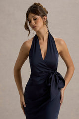 Santorini | Navy Satin Plunge-Neck Wrap Maxi Dress
