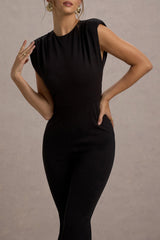 Elyna | Black High-Neck Draped Flared-Leg Jumpsuit