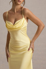 Eimear | Lemon Satin Draped Sweetheart Maxi Dress