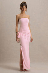 My Muse | Pink Ruched Bandeau Split Maxi Dress With Flowers