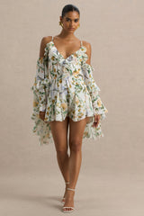 Anaya | White Botanical Print Chiffon Playsuit With Long Sleeves