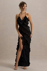 Full On | Black V-Neck Ruffle Maxi Dress