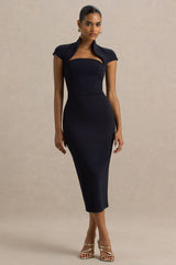 Elsie | Navy Cut-Out Neck Midi Dress With Short Sleeves