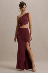 Sena | Burgundy Asymmetric Maxi Dress With Cut Out Details