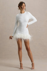 Claudia | White Sequin High Neck Feather Hem Mini Dress With Long Sleeves