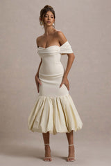 Posie | Stone Bardot Midi Dress With Puffball Hem