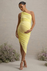 Late Night | Lemon Maternity Ruched One Shoulder Midi Dress