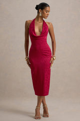 Aine | Red Satin Jacquard Cowl-Neck Midi Dress
