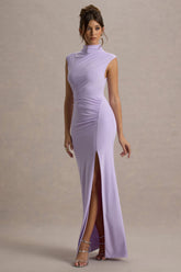 Lanetta | Lilac Ruched High-Neck Maxi Dress With Split