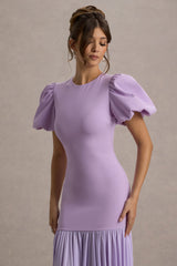 Cinzia | Lilac Puff-Sleeve Volume-Hem Midi Dress