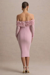 Adita | Blush Pink Mesh Floral Bardot Maternity Midi Dress