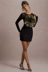 Ruchi | Black Sheer Mini Dress With Corsage Detail