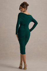 Sinclair | Bottle Green Ruched One-Shoulder Bodycon Midi Dress
