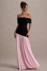 Venezia | Black & Pink Bardot Puff-Skirt Maxi Dress