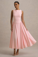 Muriel | Pink Boat-Neck Volume-Hem Midi Dress