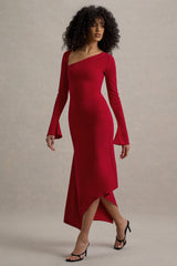 Serenita | Red Asymmetric Long-Sleeve Midi Dress