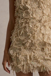 Kamara | Nude Sequin Floral Halter-Neck Mini Dress
