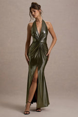 Carana | Gold Plunge-Neck Knotted Split Maxi Dress