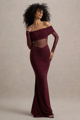 Ismeralda | Burgundy Mesh Ruched Bardot Maxi Dress