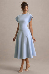 Linda | Powder Blue Crew-Neck Cap-Sleeve Midi Dress