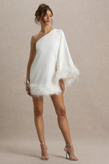 Epiphany | White One Shoulder Cape Sleeve Mini Dress With Feathers