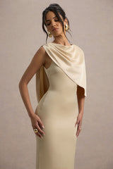 Ambra | Champagne Satin One-Shoulder Cape Maxi Dress